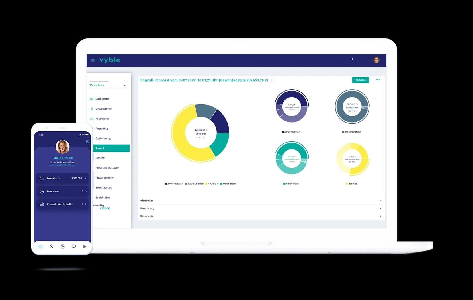 Payroll-Übersicht von vyble® am Laptop, daneben ein Mitarbeiterprofil in der App