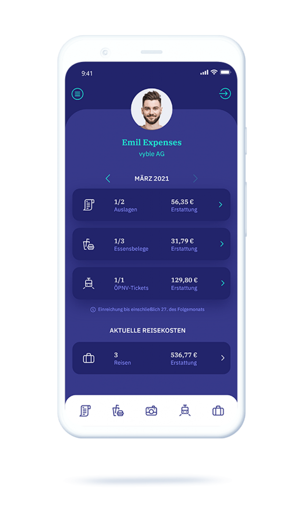 vyble® MyExpenses App: Auslagen Übersicht Mockup