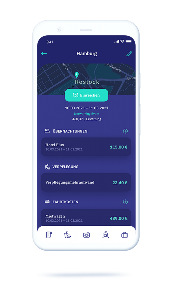 vyble® MyExpenses App: Reise einreichen Mockup