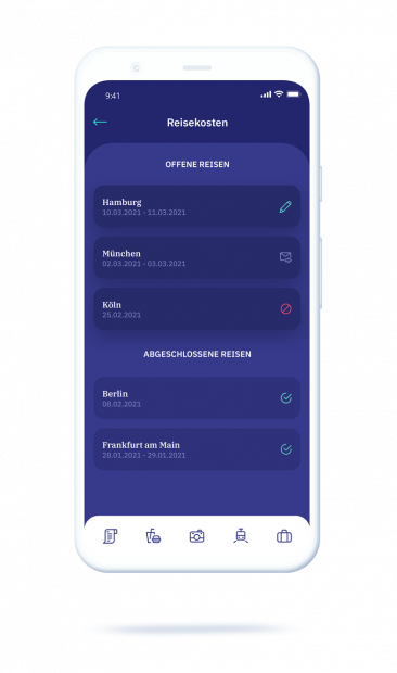 vyble® MyExpenses App: Reisekosten Übersicht Mockup